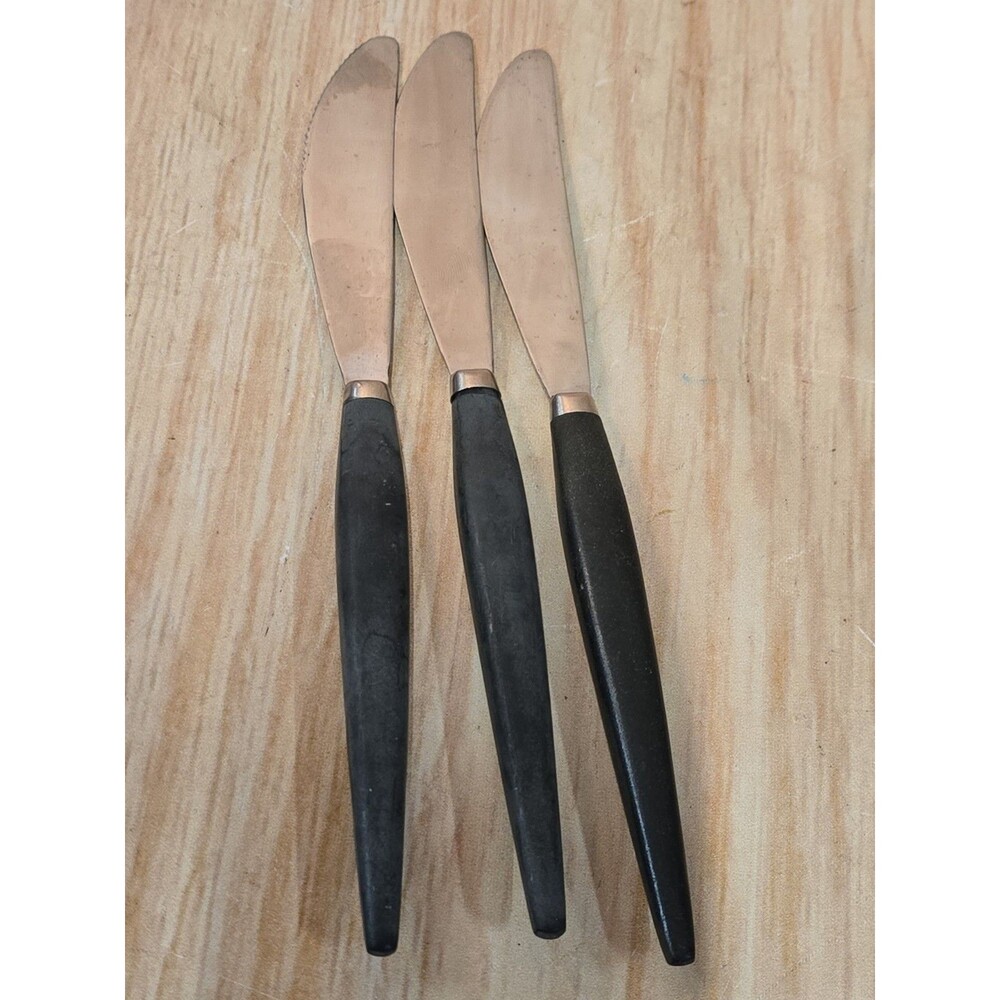 3 Ekco Eterna CANOE MUFFIN Stainless Mid Century Modern Dinner Knives BLACK  9"